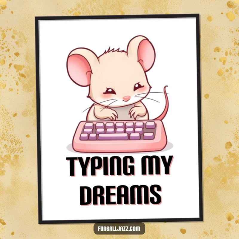 Funny mouse typing intently on a tiny keyboard on a poster, a humorous and inspiring office decor piece.