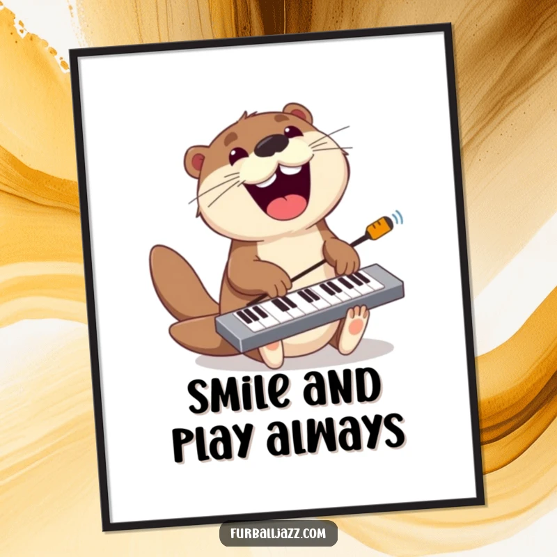 Funny otter poster capturing a playful otter jamming on a keyboard with a wide grin, radiating musical joy.