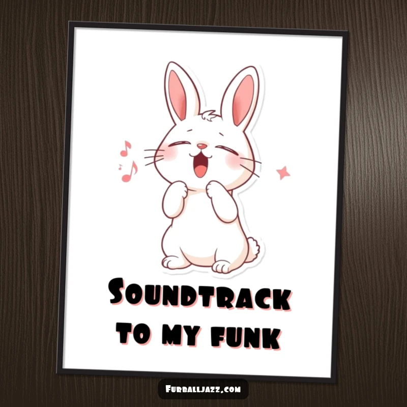 Funny poster of a rabbit character serenading with scat, eyes closed, paw raised, capturing a moment of pure, unadulterated musical passion.