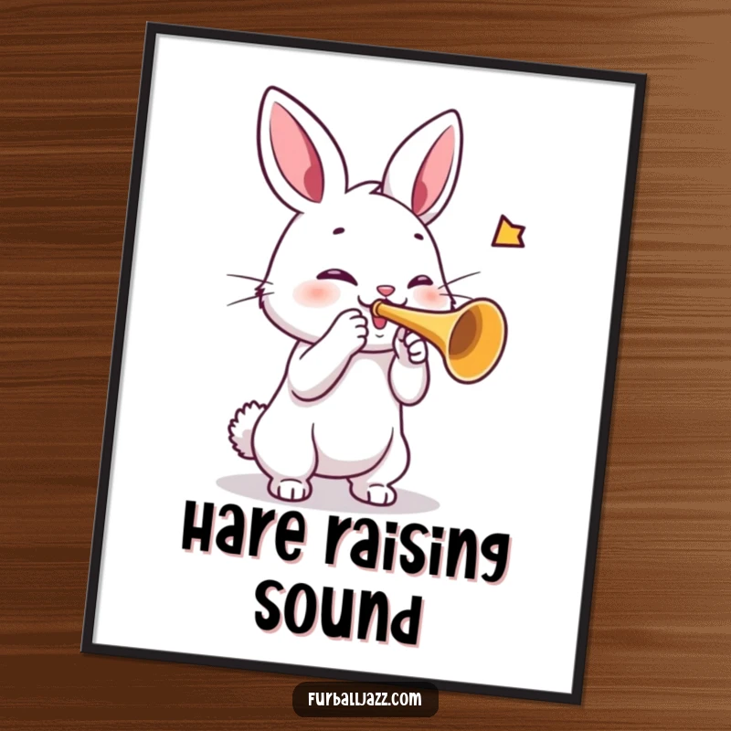 Funny rabbit poster featuring a rabbit playing a trumpet with gusto, creating a lively and humorous musical ambiance.