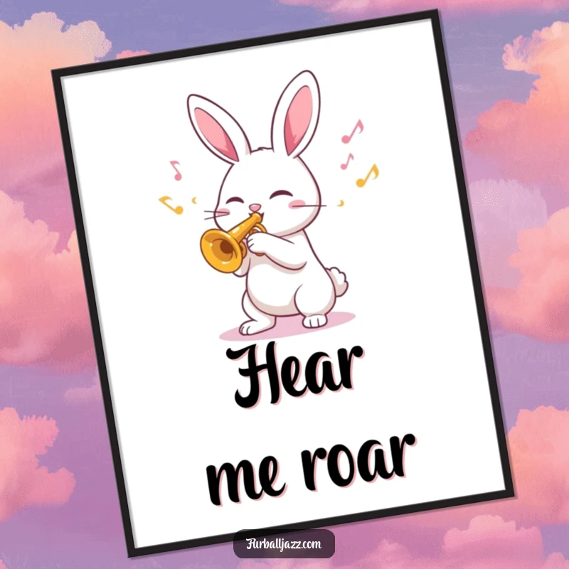 Funny Poster illustrating a cheerful rabbit playing a trumpet, with vibrant, happy musical notes filling the air.