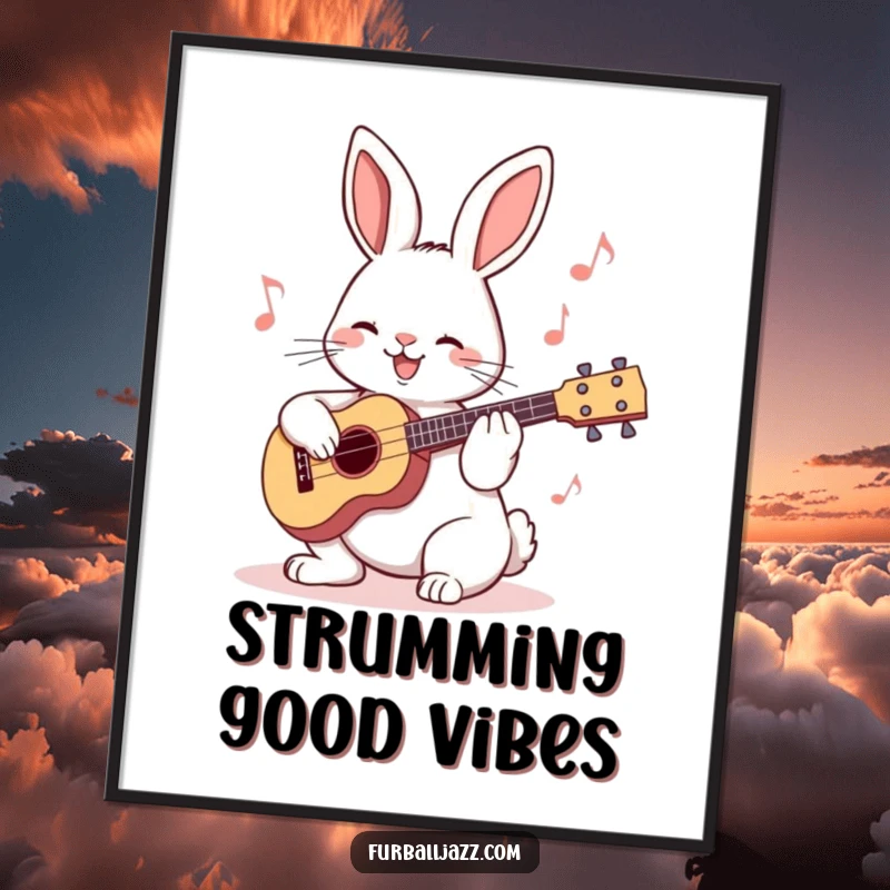 Funny Rabbit Ukulele Poster showcasing a happy bunny musician with a tiny ukulele, bringing vibrant and cheerful wall art.