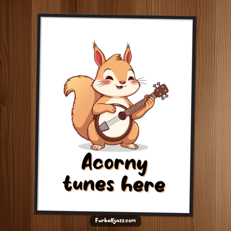 Funny squirrel playing a banjo on a poster, a humorous and vibrant piece of wall art.