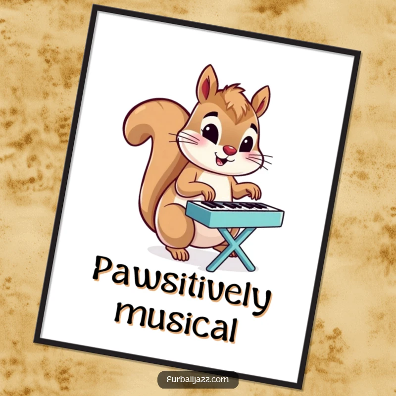 Funny Squirrel poster featuring a squirrel energetically playing a tiny piano, offering whimsical and humorous wall art.