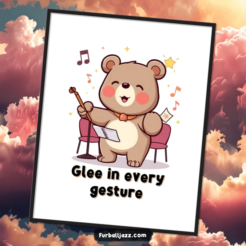 Funny poster print of a bear character conducting an unseen orchestra with pure glee, capturing the essence of passionate direction.