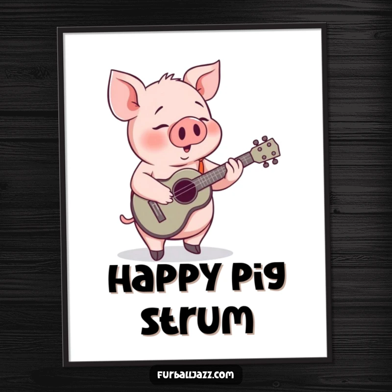 Funny Pig Ukulele Poster: A happy pig strumming a ukulele, bringing musical joy to wall decor.