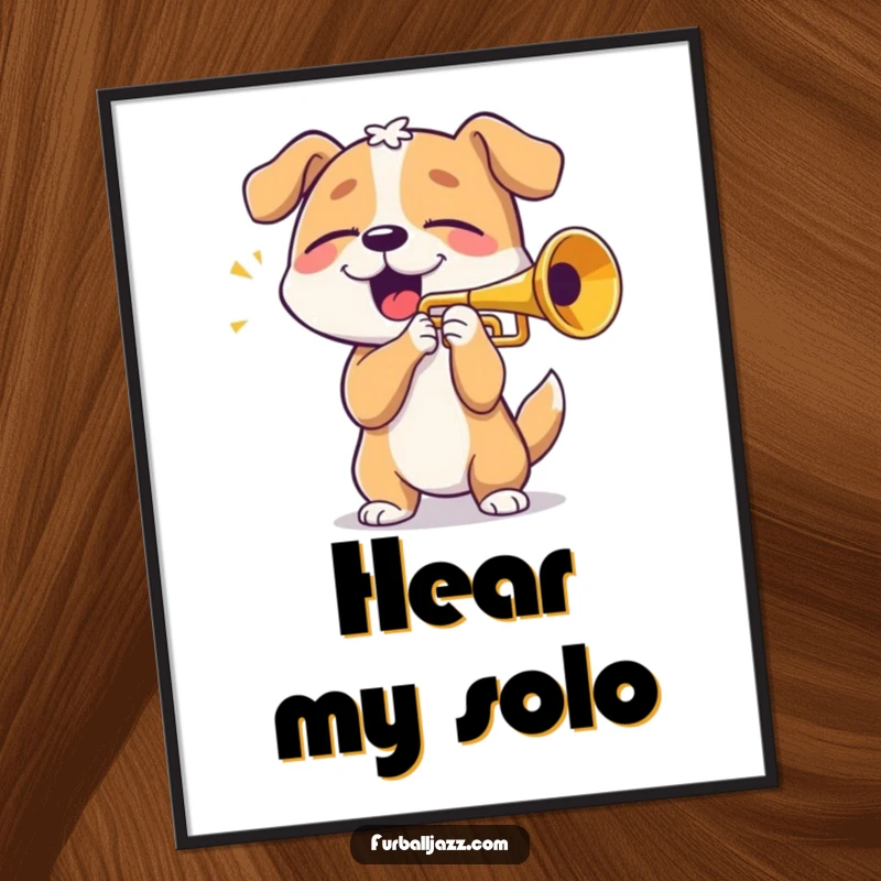 Funny dog playing trumpet with eyes closed in bliss, a vibrant wall art piece for music lovers, perfect gift.