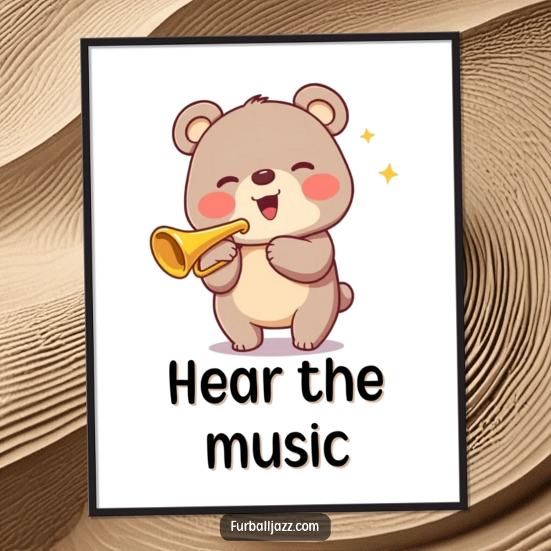 Funny Bear Trumpet Poster showcasing a happy bear playing a gleaming trumpet, bringing vibrant and musical wall art.