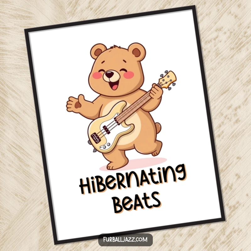 Funny Bear Poster of a bear doing a happy jig while playing a bass guitar with pure musical passion and joy.