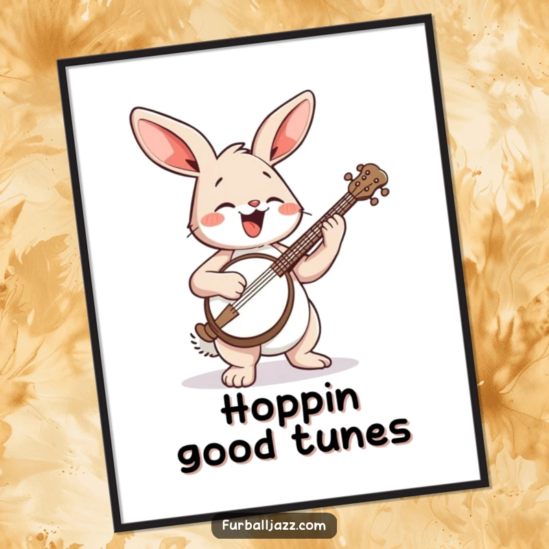 Funny Rabbit Poster: A joyful rabbit with a banjo, depicted in a lively pose, radiating musical happiness.