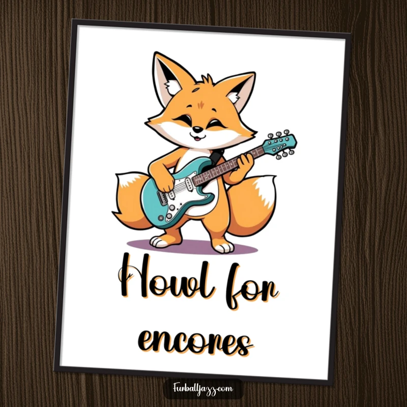 Funny fox character grooving while playing an electric guitar, a humorous poster for music lovers.