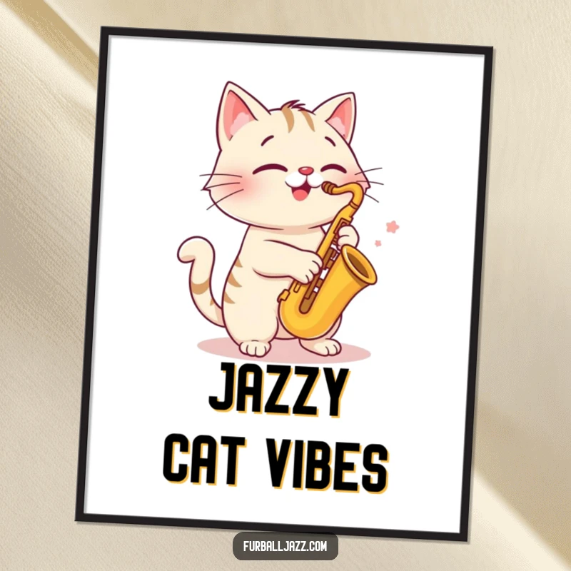 Funny cat saxophone poster, playing music with a cheerful expression, vibrant art for a musical and cool living space.