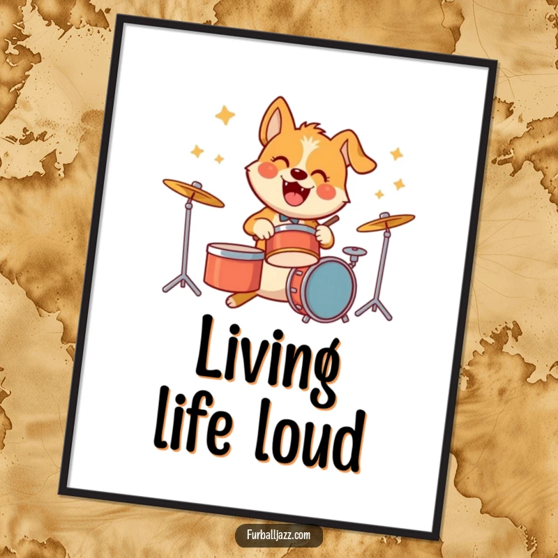 Funny poster of a cheerful dog character in full swing playing drums, radiating pure exuberance and a love for music.