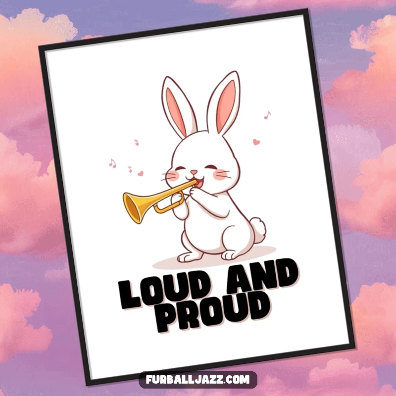 Funny Rabbit Trumpet Poster depicting a cheerful rabbit blowing a tune on a trumpet, adding a joyful brass ambiance to any space.