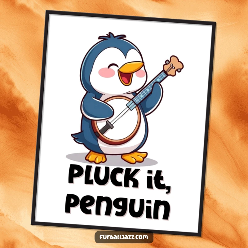 Funny penguin character joyfully playing a banjo, creating a lively and humorous visual for wall decor.