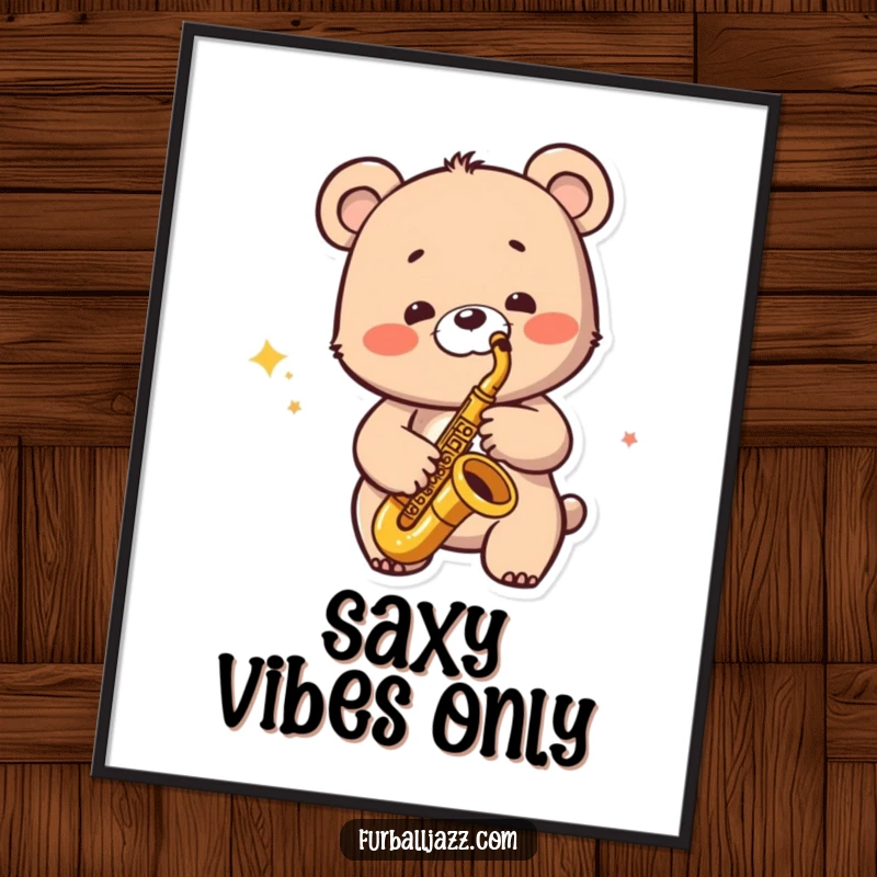 Funny Jazzy Bear Poster: A bear character playing a saxophone with a wide smile, creating a cool jazz scene.