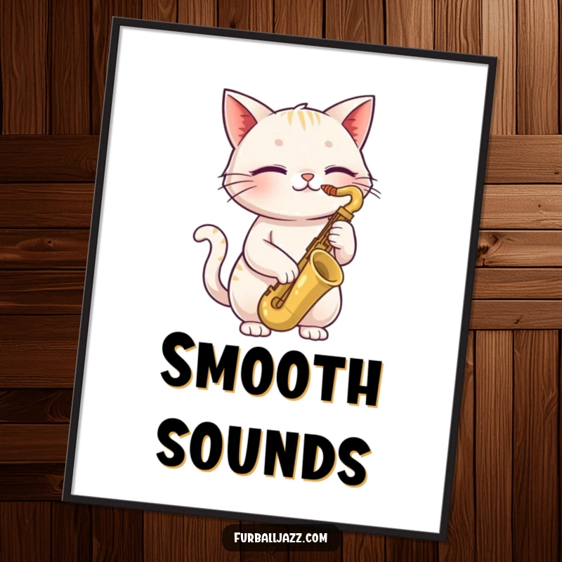 Funny cat poster depicting a happy cat with closed eyes playing a saxophone, bringing cool jazz ambiance and whimsical feline art to decor.