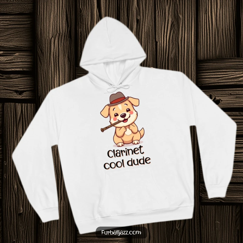 Funny dog hoodie with a depiction of a round, cheerful dog wearing a small fedora and playing a clarinet, exuding jazzy charm.