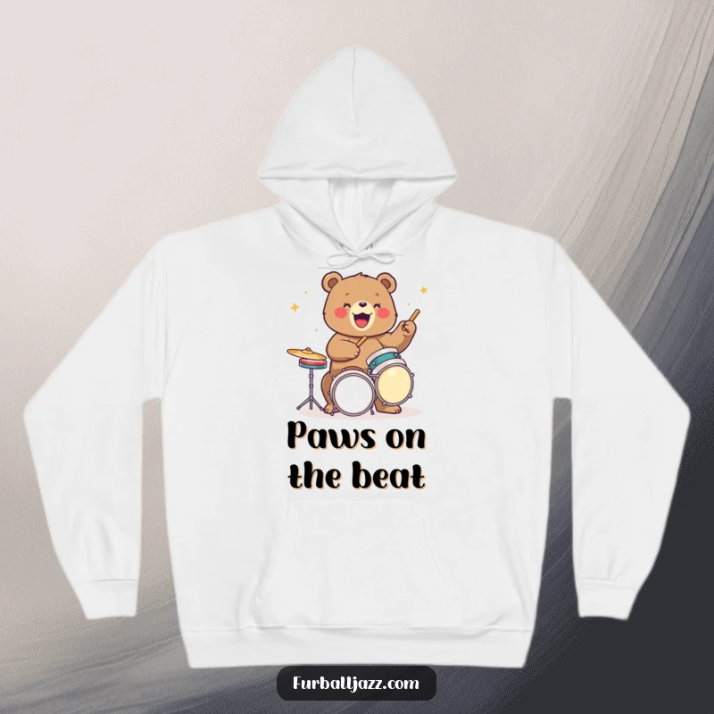Funny bear hoodie with a bear energetically playing drums, combining warmth with a passion for percussion.