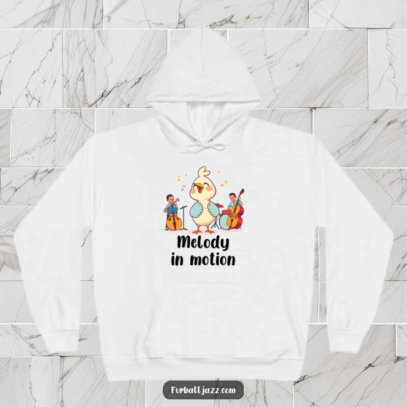 Funny hoodie illustrating a charming bird actively singing alongside a sophisticated jazz band, perfect for music enthusiasts.