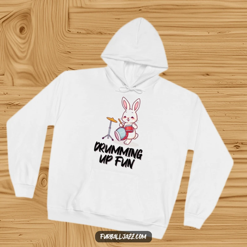 Funny bunny rabbit tapping its foot while playing drums, a cozy and funny hoodie.