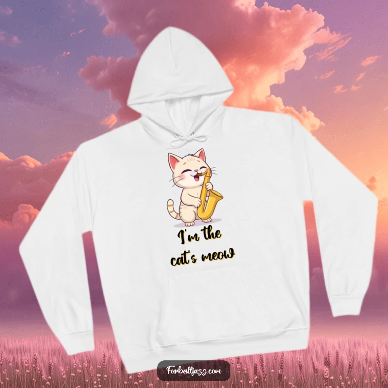 Funny Cat Saxophone Hoodie depicting a joyful cat with a tilted head playing a saxophone, perfect for staying warm and stylish.