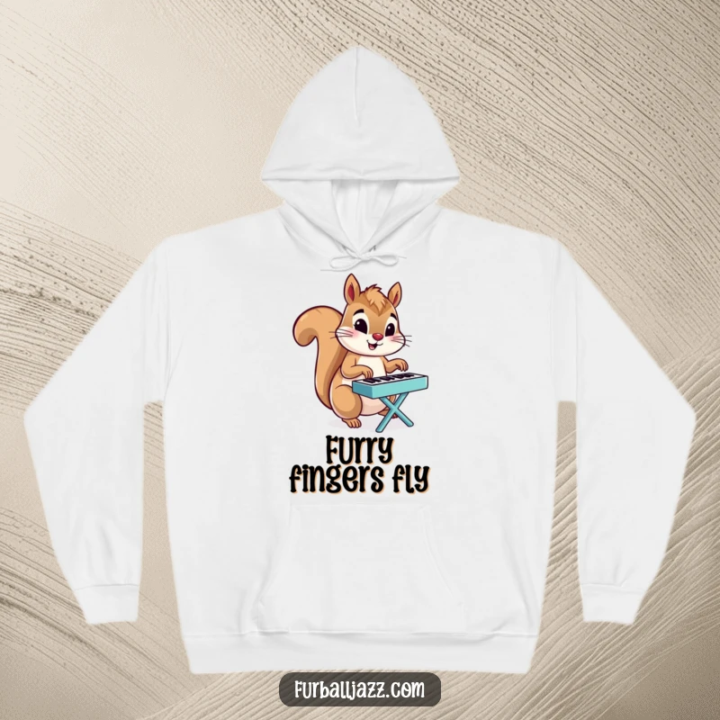 Funny Squirrel hoodie featuring a squirrel energetically playing a tiny piano, perfect for cozy, humorous days.