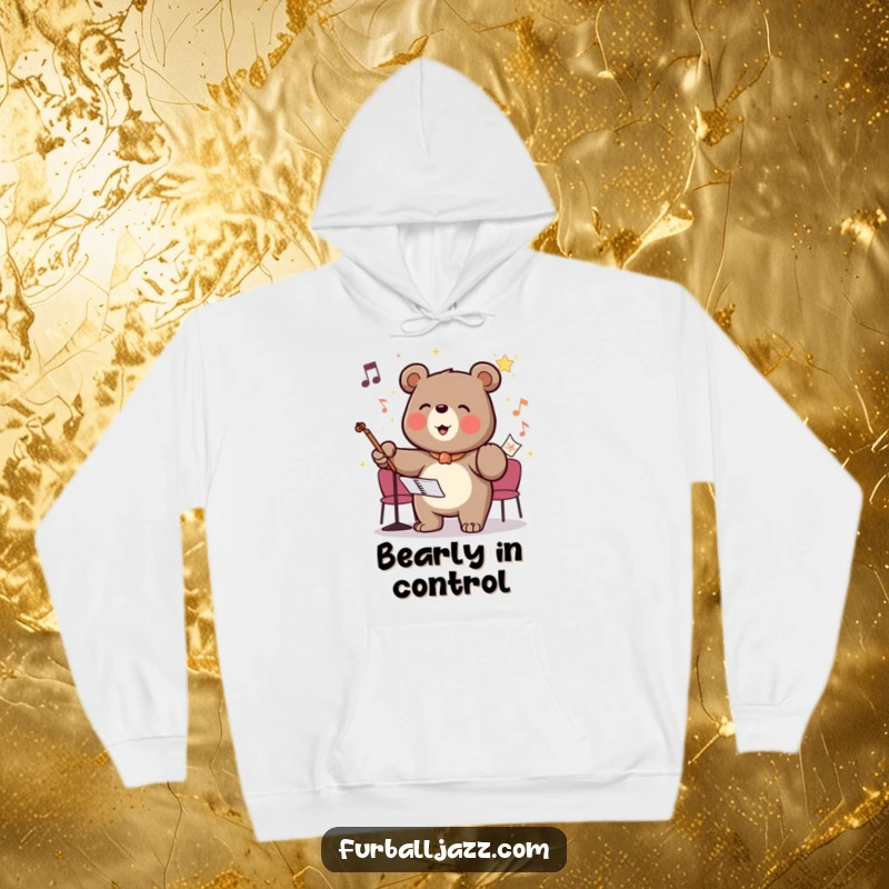 Funny hoodie showcasing a bear character conducting an invisible orchestra with glee, designed for warmth and inspired leadership.