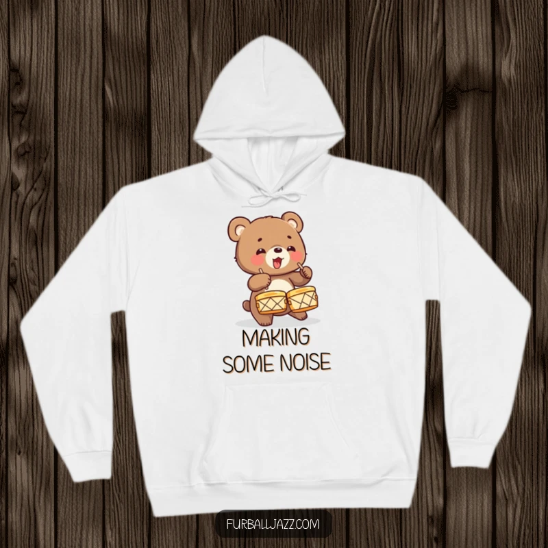 Funny Bear Cub Hoodie featuring an energetic cub drumming on cymbals, offering cozy warmth and a wild musical vibe.