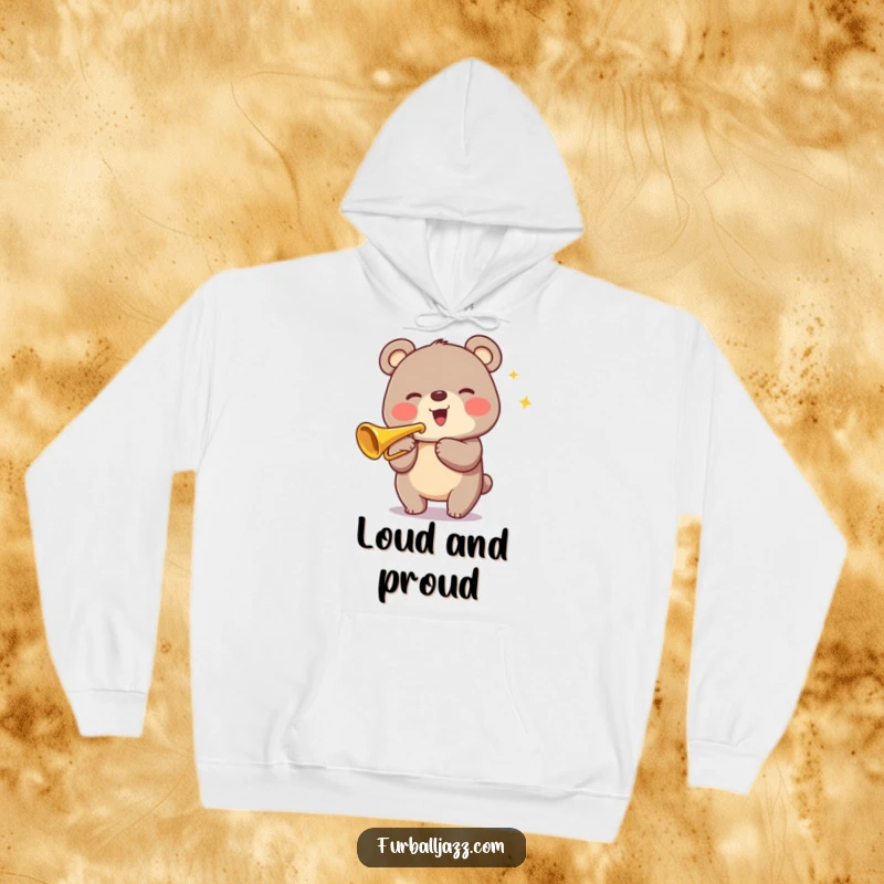 Funny Bear Trumpet Hoodie featuring a smiling bear playing a shiny trumpet, ideal for staying warm and stylish.