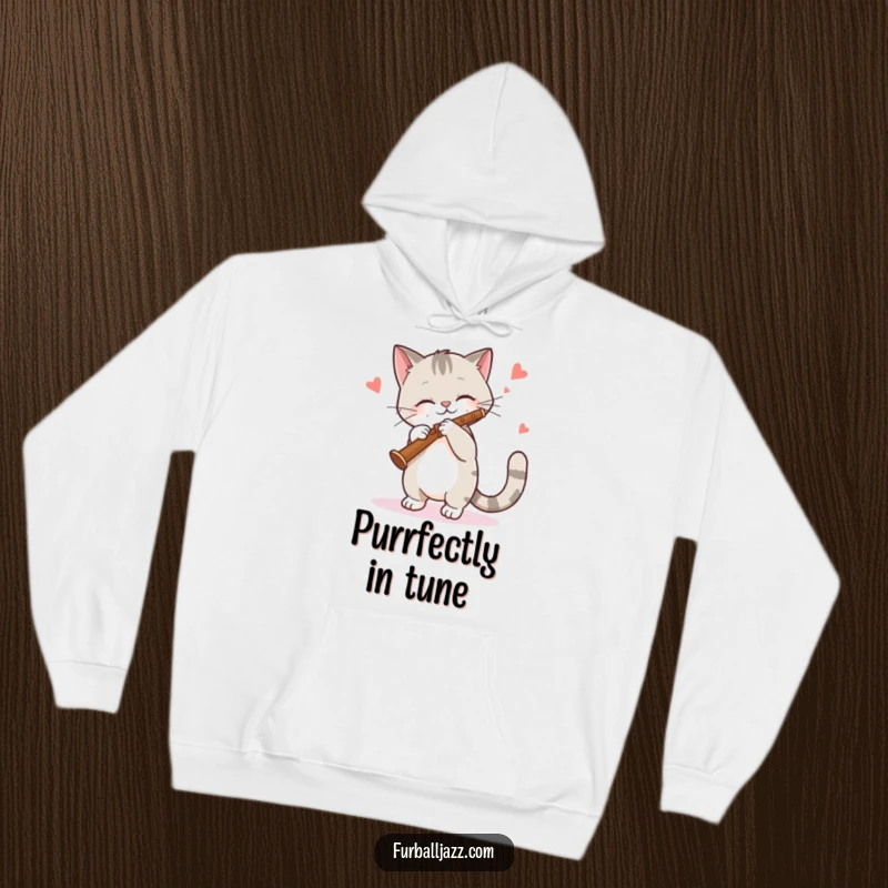 Funny Cat Hoodie: A relaxed cat swaying to a clarinet melody, offering cozy warmth and musical humor. Perfect funny gift.