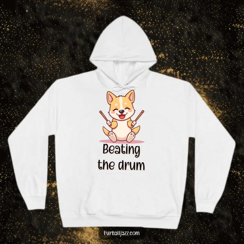 Funny dog hoodie featuring an energetic character tapping drumsticks on its knees, offering warmth and a cool, humorous musical vibe.