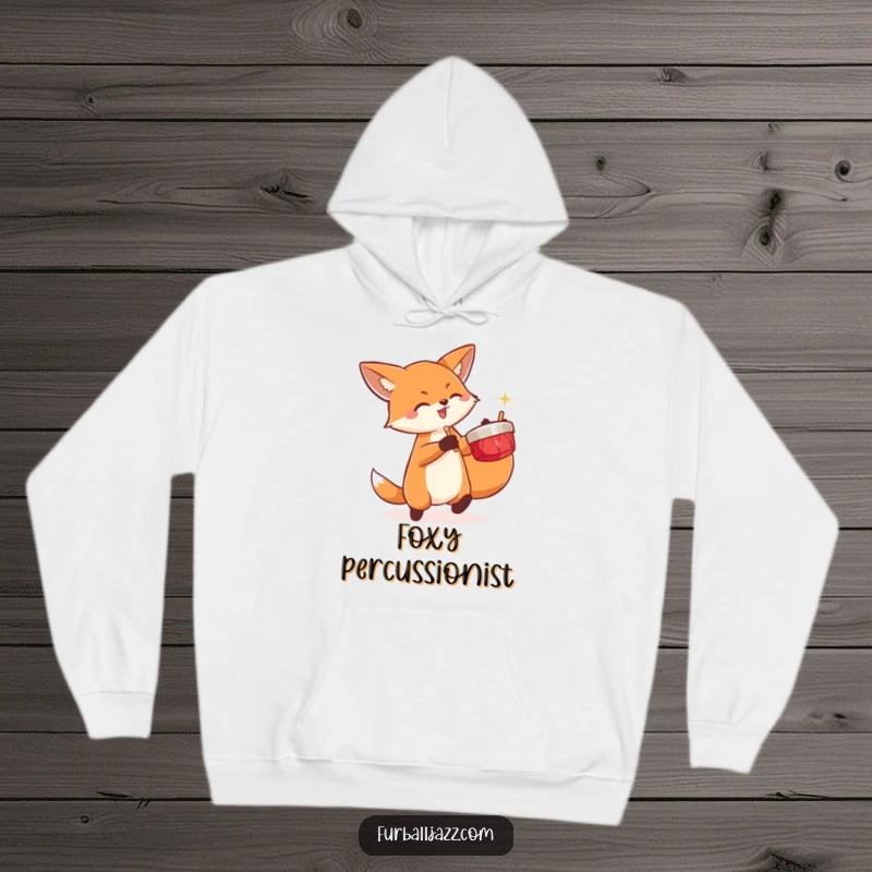 Funny fox energetically playing a pair of cymbals on a hoodie.