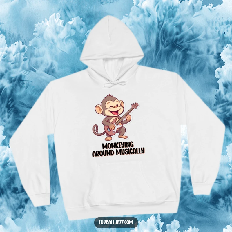 Funny mischievous monkey playing a tiny, energetic guitar solo, a warm and humorous hoodie.