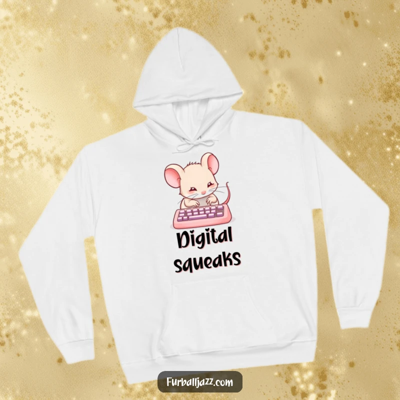 Funny mouse typing on a miniature keyboard on a cozy hoodie, a delightful computer-themed design.
