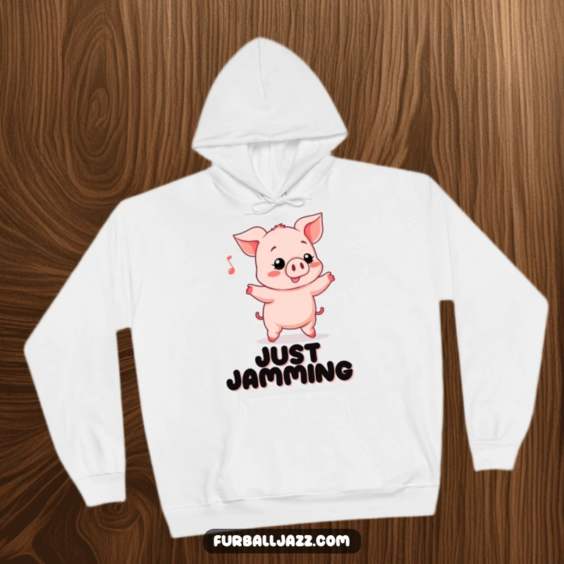 Funny Piglet in a hoodie, enthusiastically bopping its head to a beat, radiating pure musical joy and humor.