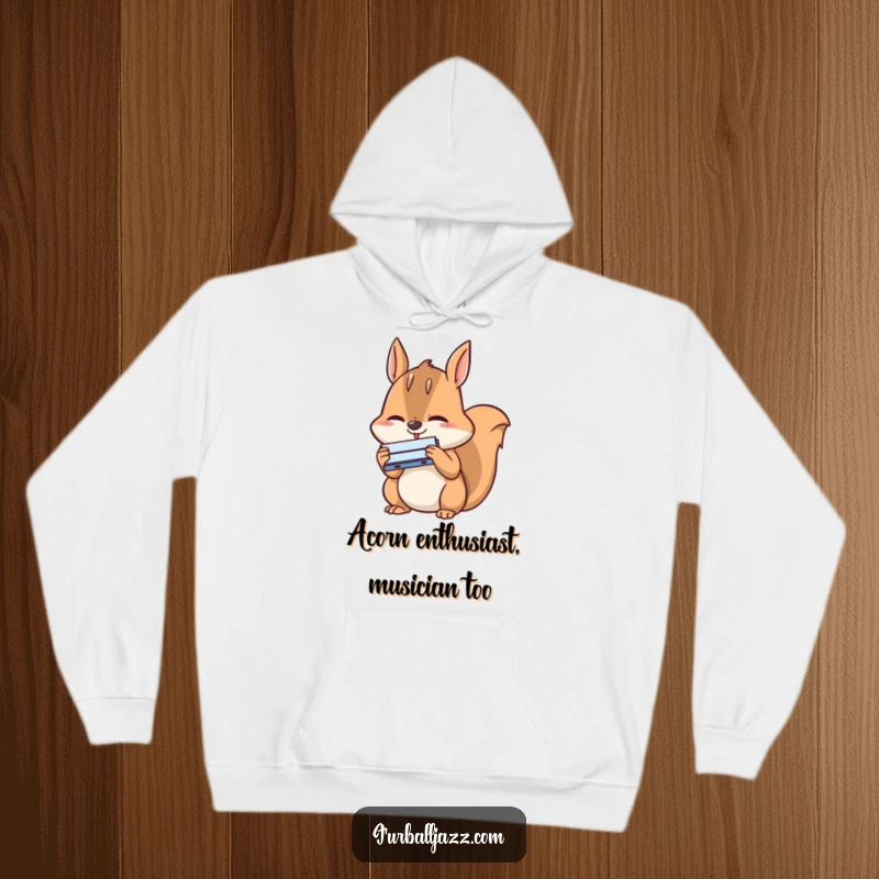 Funny squirrel hoodie featuring a happy squirrel intensely concentrating while playing a tiny harmonica, perfect for cozy musical moments.