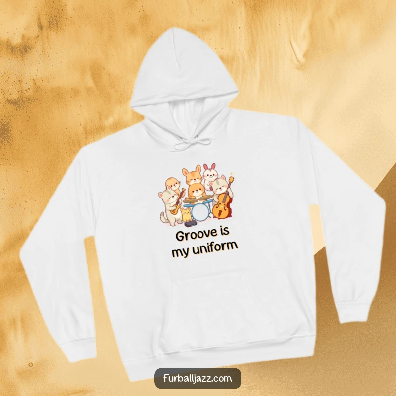 Funny hoodie showcasing a cool jazz band made of diverse animals playing various instruments with enthusiasm and rhythm.