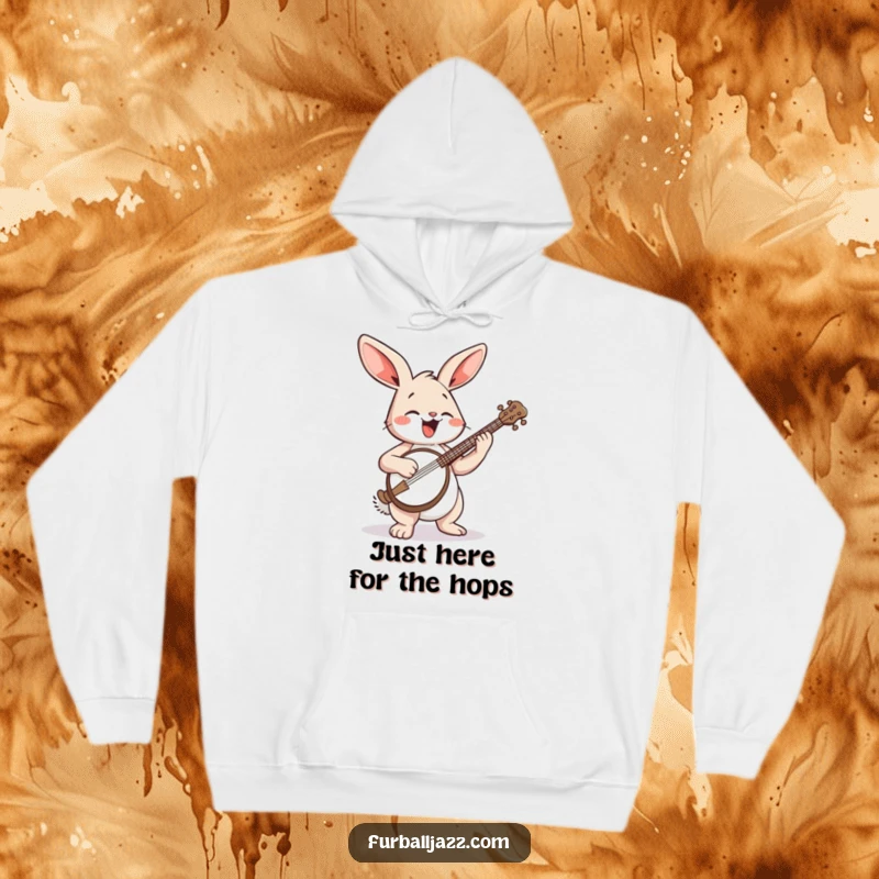 Funny Rabbit Hoodie: A cheerful rabbit strumming a banjo with a joyful bounce, radiating musical fun.