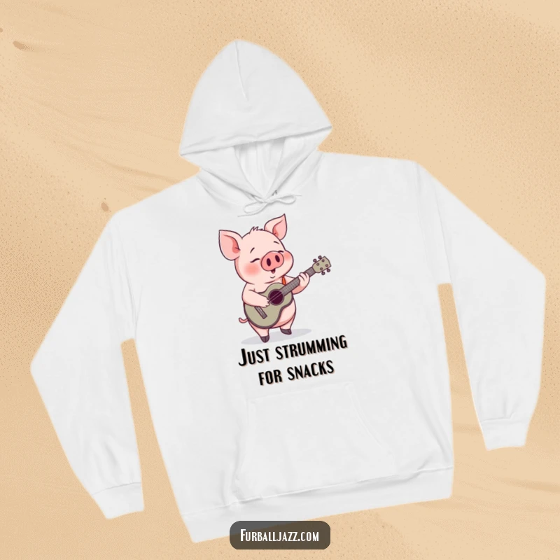 Funny Pig Ukulele Hoodie: A cheerful pig playing a ukulele, perfect for staying warm and happy.