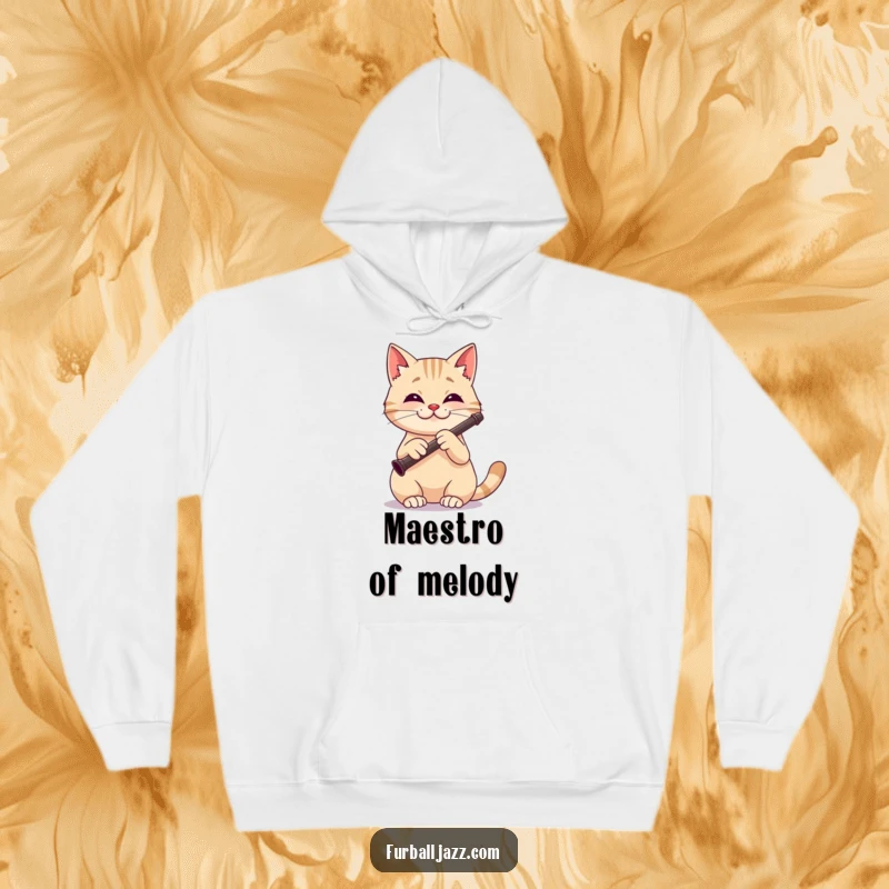 Funny cat hoodie showing a focused and happy cat playing a clarinet with a cheerful expression.