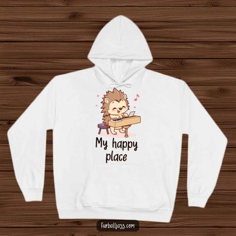 Funny Hedgehog Hoodie: A happy hedgehog playing a piano with a smile, offering cozy warmth and musical charm. Perfect funny gift.