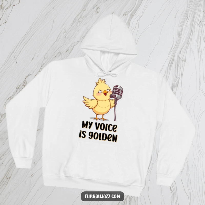Funny hoodie showcasing a whimsical bird character singing passionately into a vintage microphone, designed for warmth and musical inspiration.