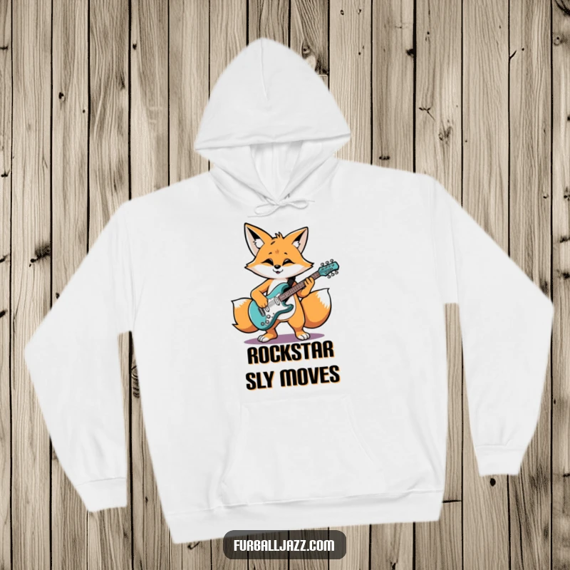Funny fox grooving while playing an electric guitar, a cozy and funny hoodie.