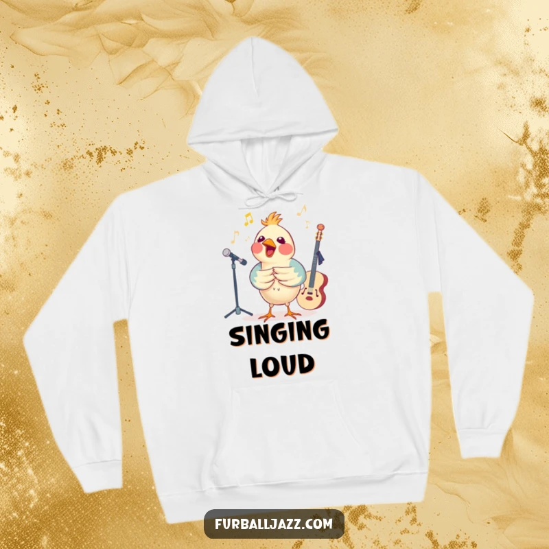 Funny bird performing a solo with a jazz ensemble, depicted on a cozy hoodie for music enthusiasts.