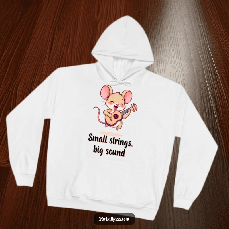 Funny mouse character playing a tiny ukulele, designed for cozy and humorous wear.