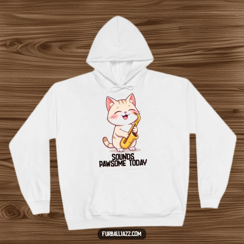 Funny Cat Hoodie featuring a joyful cat playing a saxophone, exuding cool jazz vibes and ultimate comfort for music lovers.