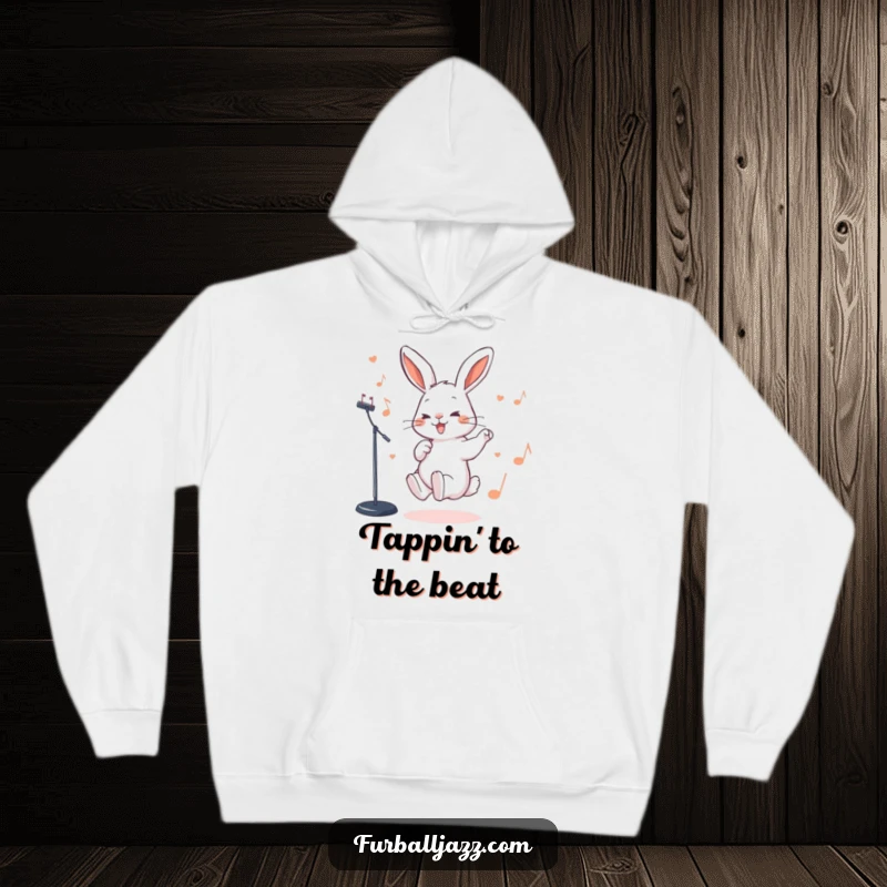 Funny Rabbit Hoodie showcasing a rabbit tapping its foot rhythmically to a jazz beat, perfect for music enthusiasts.