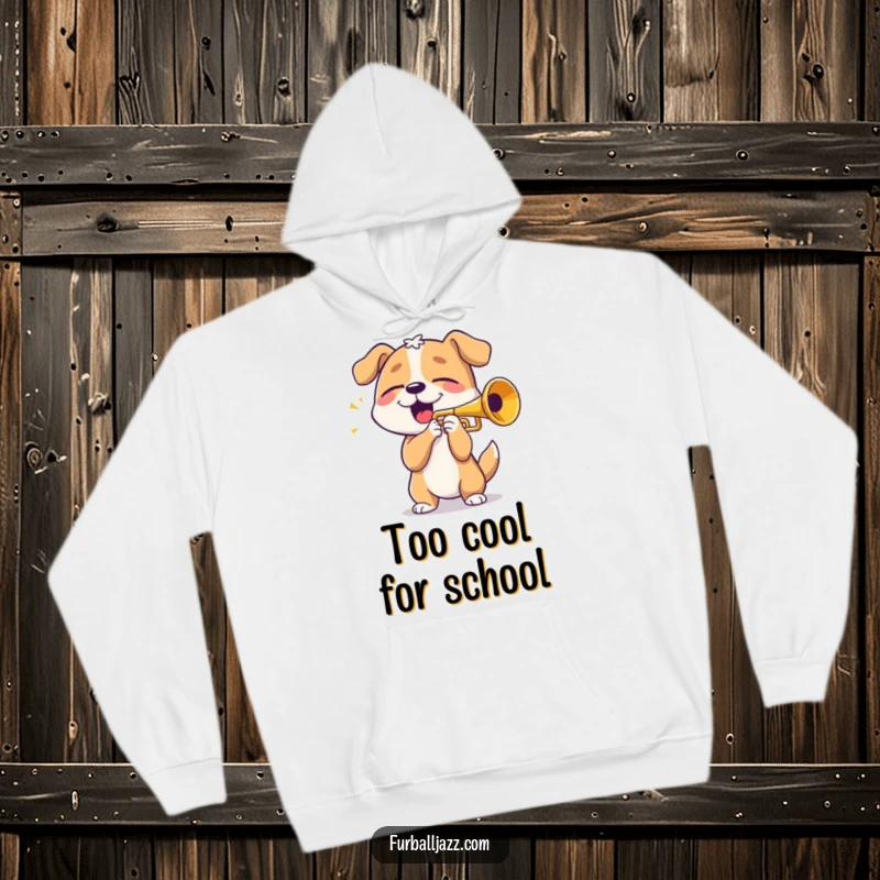 Funny dog playing trumpet with eyes shut in pure bliss, a warm and humorous hoodie, perfect for gifting.