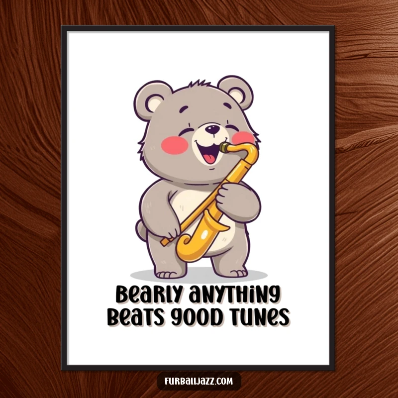 Funny Free Printable Bear Saxophone Wall Art: A bear playing a saxophone with a joyful, bluesy expression, adding musical charm.